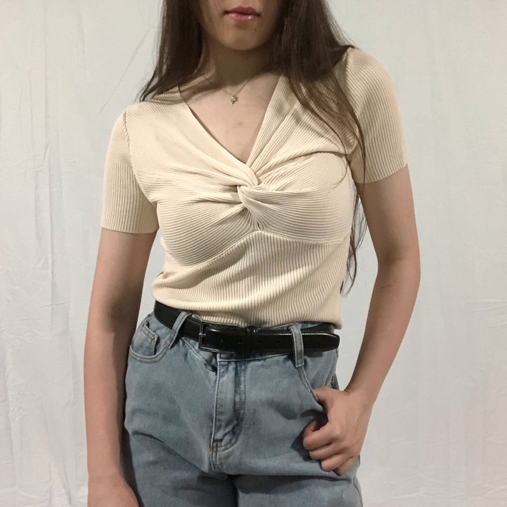 Main Strip Twist Front Ribbed Tan Short Sleeve Top
